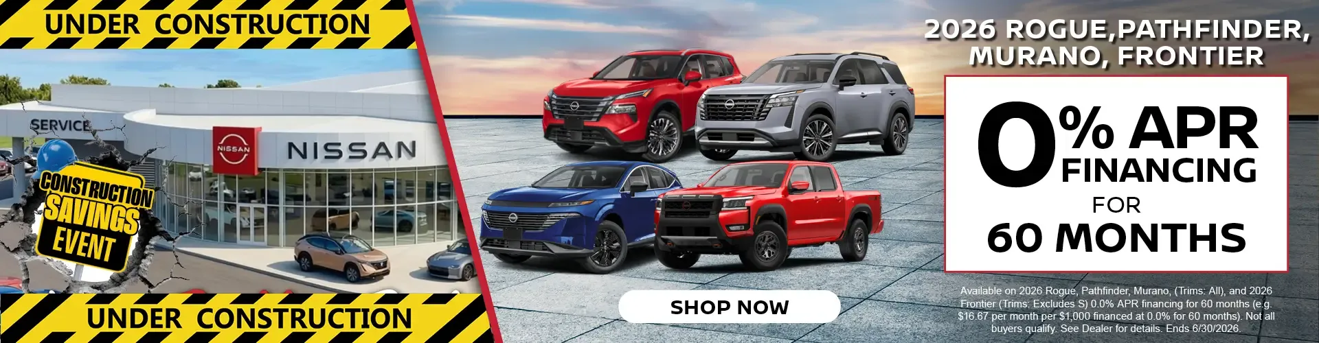 Bella Nissan of Venice zero percent financing for 60 months on the 2026 Rogue, Pathfinder, Murano, and Frontier.